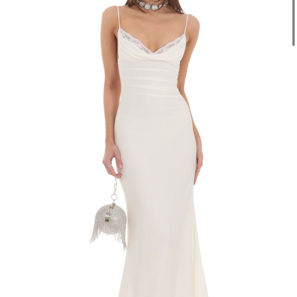 Lucy In the Sky Cowl Neck Mermaid Maxi Dress in White
